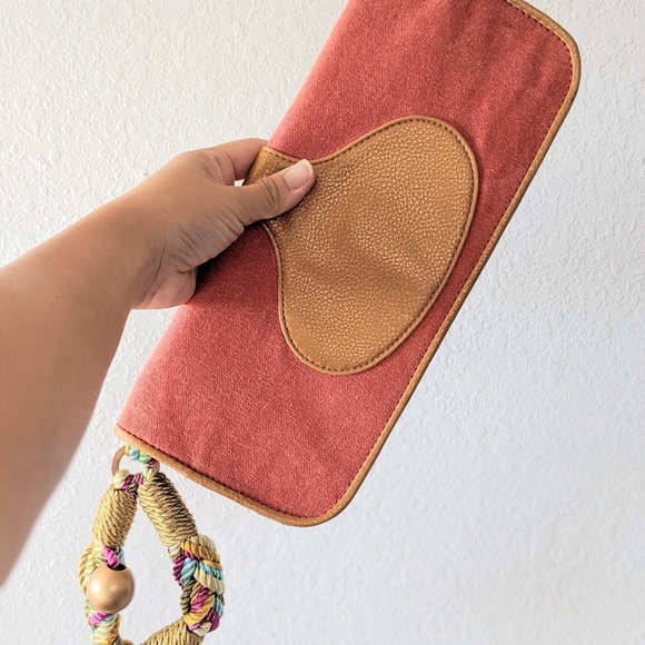 Wide Pink and Brown Clutch Wristlet Canvas Beads - Picture 1 of 5